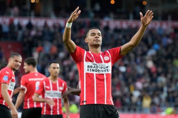 Cody Gakpo of PSV celebrates 1-0 during the Dutch Eredivisie match between PSV v FC Groningen at the Philips Stadium on August 28, 2021 in Eindhoven...