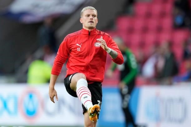 Philipp Max of PSV during the warming up during the Dutch Eredivisie match between PSV v FC Groningen at the Philips Stadium on August 28, 2021 in...