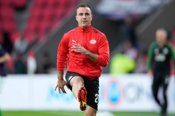 Mario Gotze of PSV during the warming up during the Dutch Eredivisie match between PSV v FC Groningen at the Philips Stadium on August 28, 2021 in...