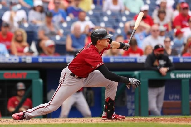 Nick Ahmed of the Arizona Diamondbacks hits a two-run double against the Philadelphia Phillies during the eighth inning of a game at Citizens Bank...