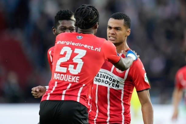 Cody Gakpo of PSV celebrates 1-0 with Ibrahim Sangare of PSV, Noni Madueke of PSV during the Dutch Eredivisie match between PSV v FC Groningen at the...