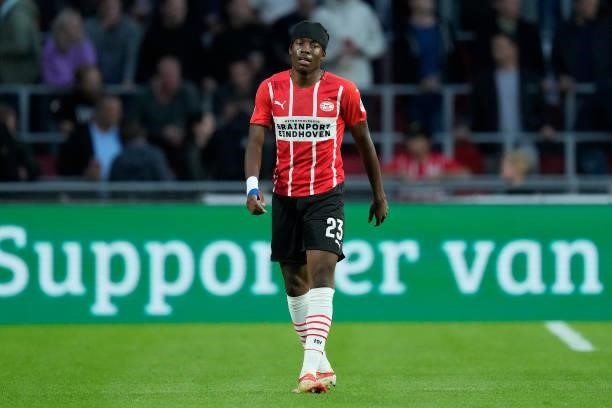 Noni Madueke of PSV during the Dutch Eredivisie match between PSV v FC Groningen at the Philips Stadium on August 28, 2021 in Eindhoven Netherlands