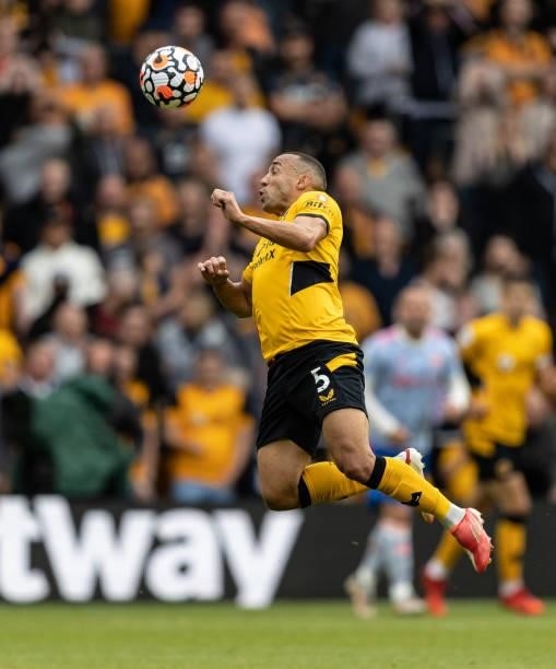 Wolverhampton Wanderers' Marcal heads clear during the Premier League match between Wolverhampton Wanderers and Manchester United at Molineux on...