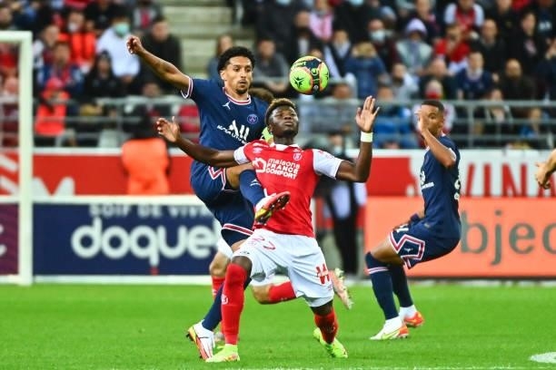 Of PSG and El Bilal TOURE of Reims during the Ligue 1 Uber Eats match between Reims and Paris Saint Germain at Stade Auguste Delaune on August 29,...