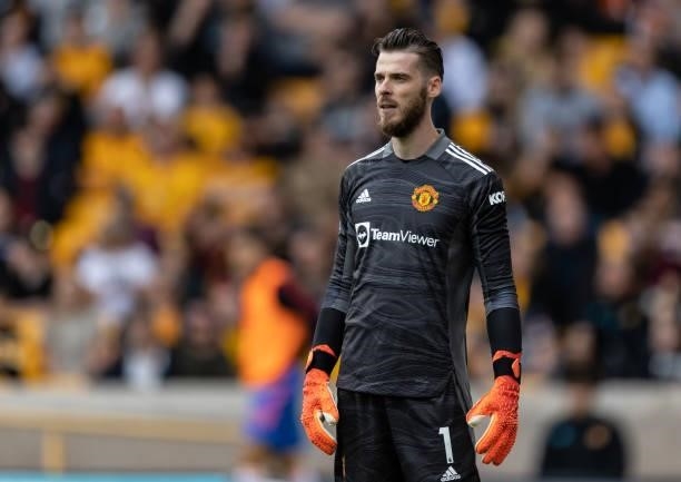 Manchester United's goalkeeper David De Gea looks on during the Premier League match between Wolverhampton Wanderers and Manchester United at...