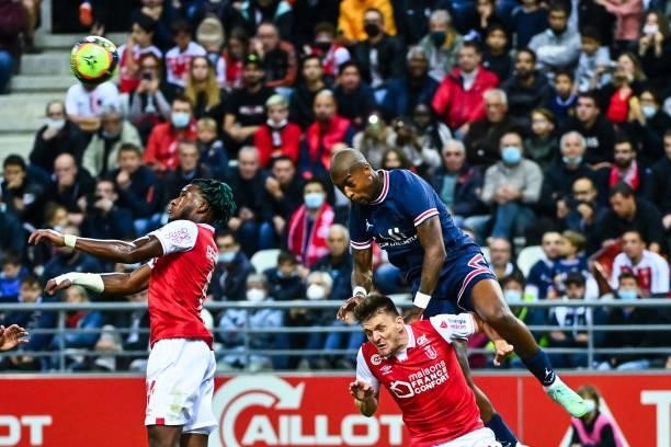 Presnel KIMPEMBE of PSG during the Ligue 1 Uber Eats match between Reims and Paris Saint Germain at Stade Auguste Delaune on August 29, 2021 in...