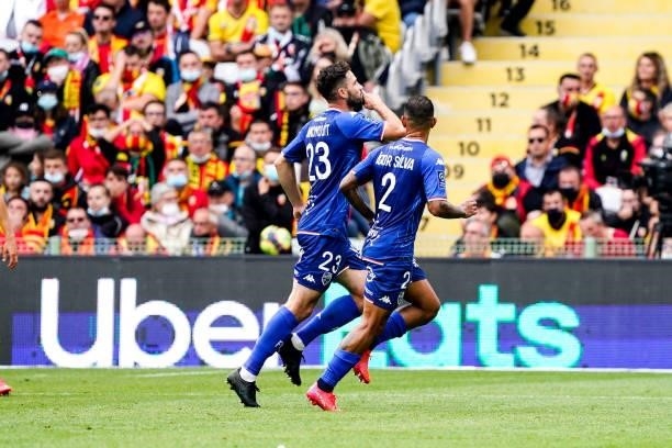 Thomas MONCONDUIT of FC Lorient celebrate his goal with Igor SILVA of FC Lorient during the Ligue 1 Uber Eats match between Lens and Lorient at Stade...