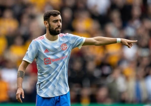 Manchester United's Bruno Fernandes gestures during the Premier League match between Wolverhampton Wanderers and Manchester United at Molineux on...