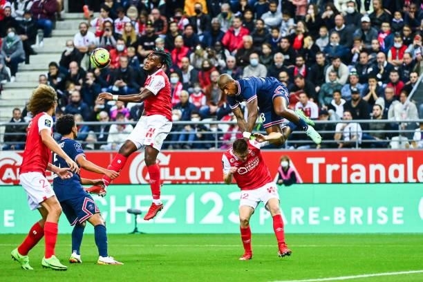 Presnel KIMPEMBE of PSG during the Ligue 1 Uber Eats match between Reims and Paris Saint Germain at Stade Auguste Delaune on August 29, 2021 in...