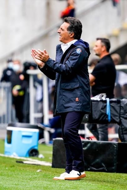Head Coach Cristophe PELISSIER of FC Lorient during the Ligue 1 Uber Eats match between Lens and Lorient at Stade Bollaert-Delelis on August 29, 2021...