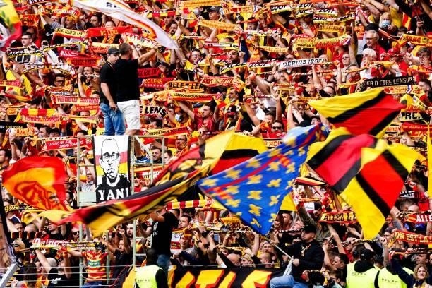 Supporters during the Ligue 1 Uber Eats match between Lens and Lorient at Stade Bollaert-Delelis on August 29, 2021 in Lens, France.