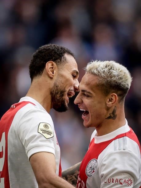 Noussair Mazraoui of Ajax, Antony of Ajax during the Dutch Eredivisie match between Ajax v Vitesse at the Johan Cruijff Arena on August 29, 2021 in...