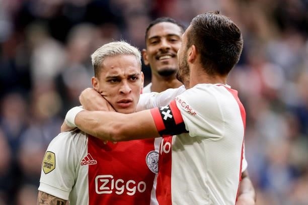 Antony of Ajax, Dusan Tadic of Ajax during the Dutch Eredivisie match between Ajax v Vitesse at the Johan Cruijff Arena on August 29, 2021 in...