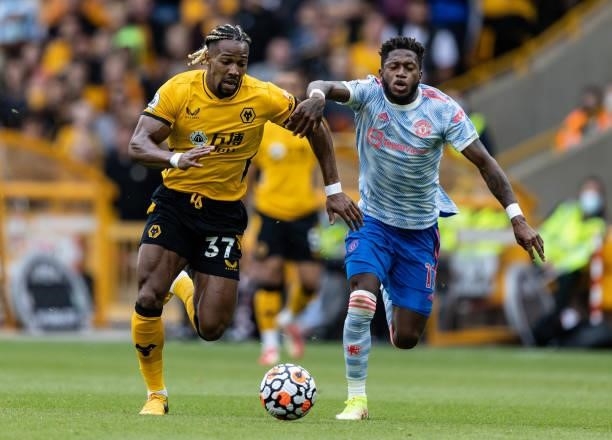 Wolverhampton Wanderers' Adama Traore competing with Manchester United's Fred during the Premier League match between Wolverhampton Wanderers and...