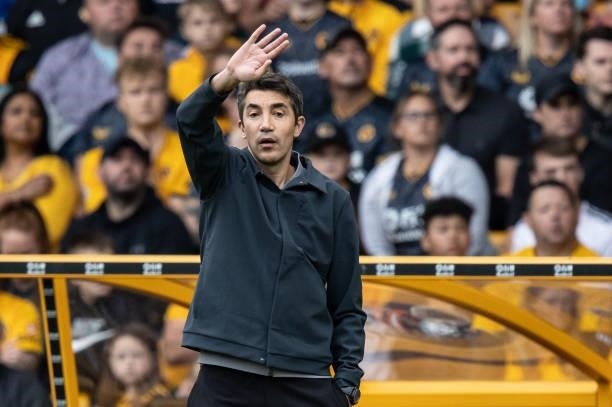 Wolverhampton Wanderers' manager Bruno Lage gestures during the Premier League match between Wolverhampton Wanderers and Manchester United at...