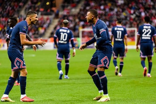 Kylian Mbappe of Paris Saint Germain celebrating his goal with his teammate Achraf Hakimi of Paris Saint Germain during the Ligue 1 Uber Eats match...