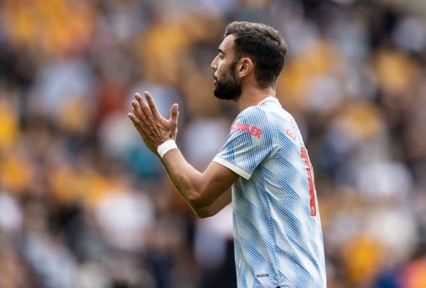 Manchester United's Bruno Fernandes gestures during the Premier League match between Wolverhampton Wanderers and Manchester United at Molineux on...