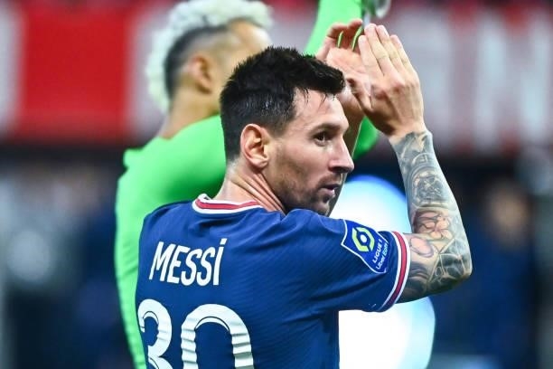 Lionel MESSI of PSG celebrates during the Ligue 1 Uber Eats match between Reims and Paris Saint Germain at Stade Auguste Delaune on August 29, 2021...