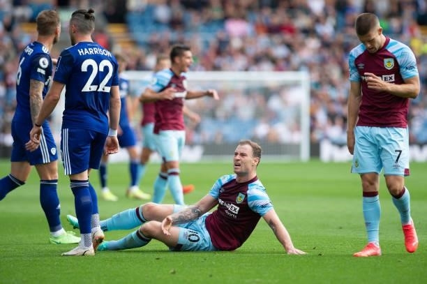 Jack Harrison of Leeds United fouls Ashley Barnes of Burnley during the Premier League match between Burnley and Leeds United at Turf Moor, Burnley,...