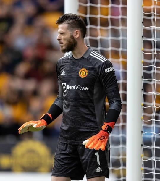 Manchester United's David De Gea cant look during the Premier League match between Wolverhampton Wanderers and Manchester United at Molineux on...
