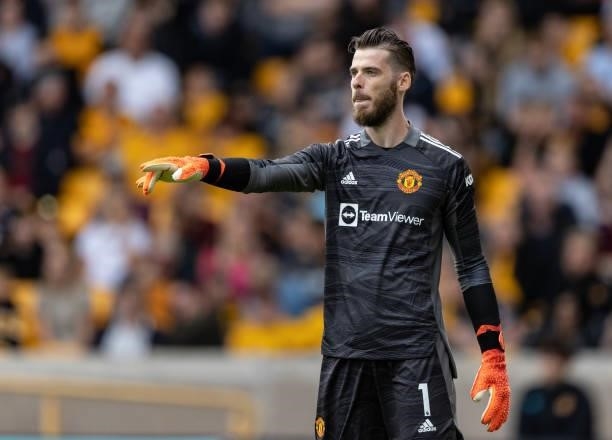 Manchester United's David De Gea gestures during the Premier League match between Wolverhampton Wanderers and Manchester United at Molineux on August...