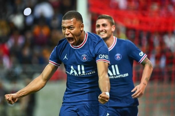 Kylian MBAPPE of PSG celebrates a goal during the Ligue 1 Uber Eats match between Reims and Paris Saint Germain at Stade Auguste Delaune on August...