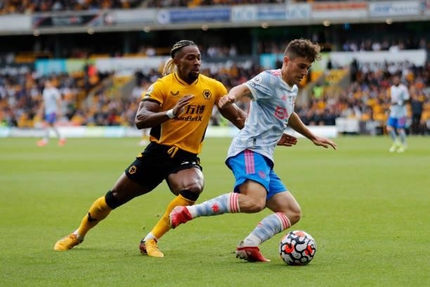 Daniel James of Manchester United and Adama Traore of Wolverhampton Wanderers during the Premier League match between Wolverhampton Wanderers and...