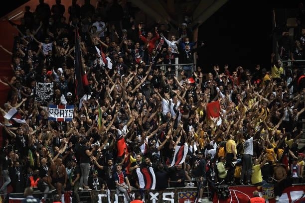 Supporters during the Ligue 1 Uber Eats match between Reims and Paris Saint Germain at Stade Auguste Delaune on August 29, 2021 in Reims, France.