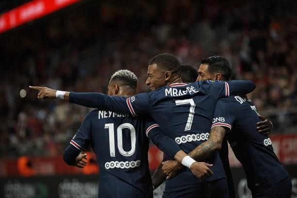 Kylian Mbappe of PSG celebrates after scoring his sides second goal during the Ligue 1 Uber Eats match between Reims and Paris Saint Germain at Stade...