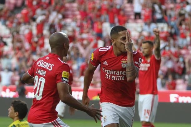 Gilberto defender of SL Benfica celebrates after scoring a goal during during the Liga Portugal Bwin match between SL Benfica and CD Tondela at...