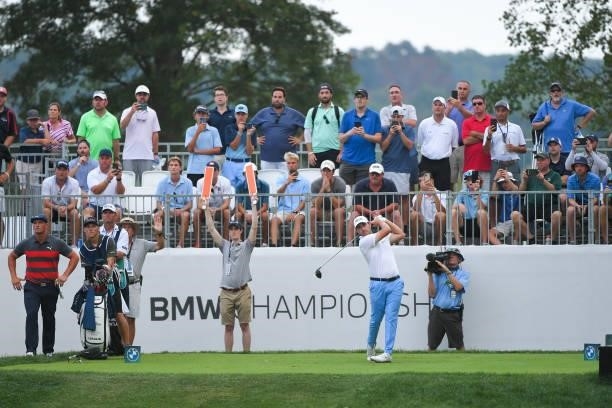 Patrick Cantlay tees off on the 18th hole in the fourth playoff hole during the final round of the BMW Championship at Caves Valley Golf Club on...