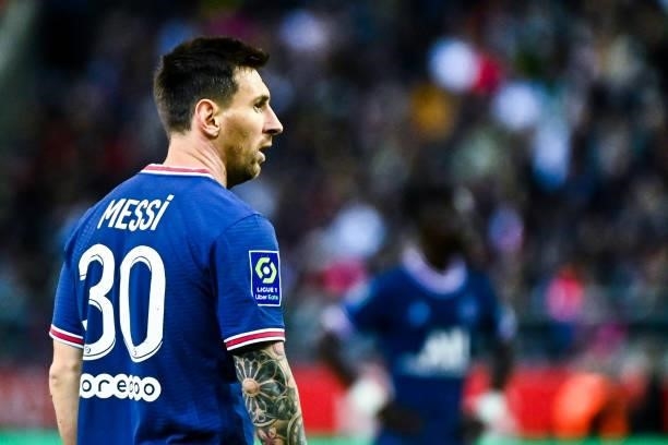Lionel MESSI of PSG during the Ligue 1 Uber Eats match between Reims and Paris Saint Germain at Stade Auguste Delaune on August 29, 2021 in Reims,...
