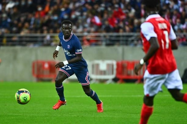 Idrissa GUEYE of PSG during the Ligue 1 Uber Eats match between Reims and Paris Saint Germain at Stade Auguste Delaune on August 29, 2021 in Reims,...