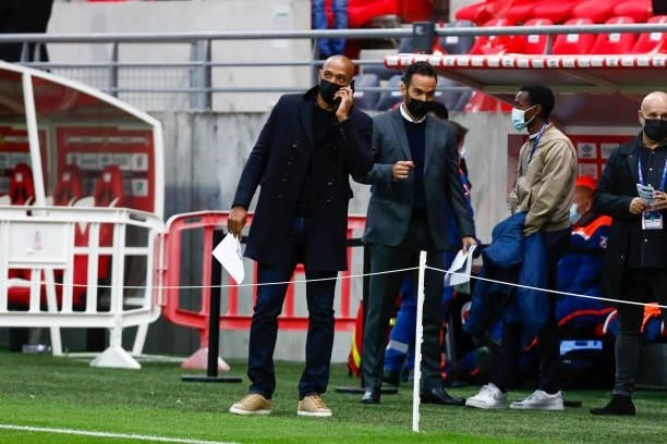 Thierry Henry, former international French soccer player, is a tv consultant for Prime Video during the Ligue 1 Uber Eats match between Reims and...
