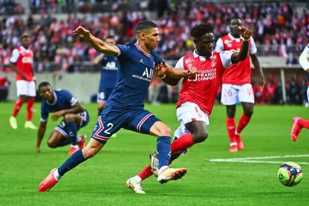 Achraf HAKIMI of PSG during the Ligue 1 Uber Eats match between Reims and Paris Saint Germain at Stade Auguste Delaune on August 29, 2021 in Reims,...