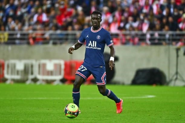 Idrissa GUEYE of PSG during the Ligue 1 Uber Eats match between Reims and Paris Saint Germain at Stade Auguste Delaune on August 29, 2021 in Reims,...