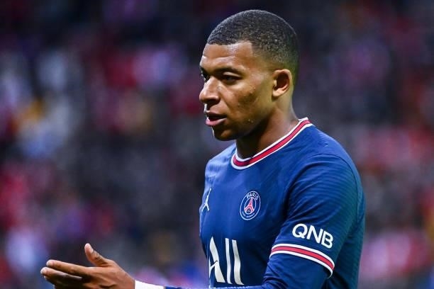 Kylian MBAPPE of PSG during the Ligue 1 Uber Eats match between Reims and Paris Saint Germain at Stade Auguste Delaune on August 29, 2021 in Reims,...