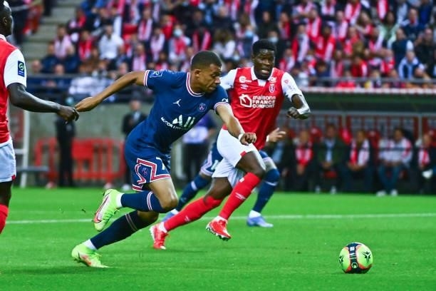 Kylian MBAPPE of PSG during the Ligue 1 Uber Eats match between Reims and Paris Saint Germain at Stade Auguste Delaune on August 29, 2021 in Reims,...