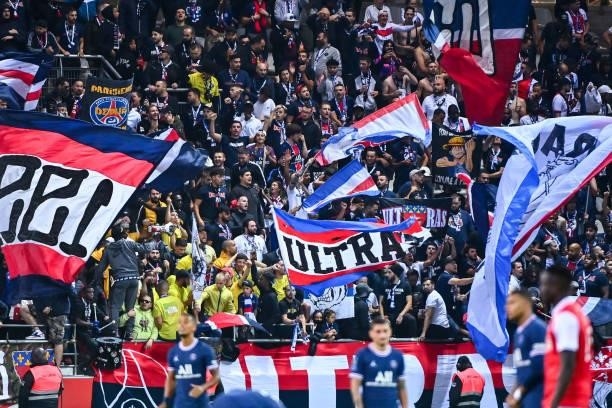 Fans of PSG during the Ligue 1 Uber Eats match between Reims and Paris Saint Germain at Stade Auguste Delaune on August 29, 2021 in Reims, France.