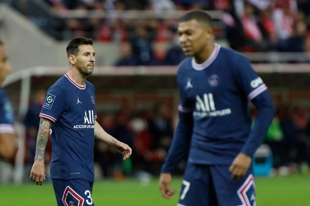 Kylian Mbappe and Lionel Messi during the French championship Ligue 1 football match between Stade de Reims and Paris Saint-Germain on August 29,...