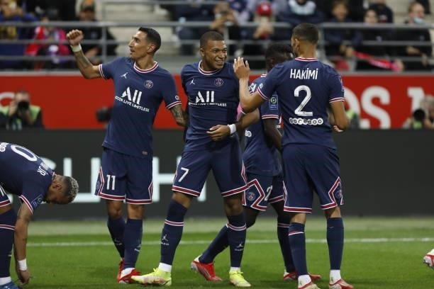 Kylian Mbappe, Kylian Mbappe, Achraf Hakimi during the French championship Ligue 1 football match between Stade de Reims and Paris Saint-Germain on...