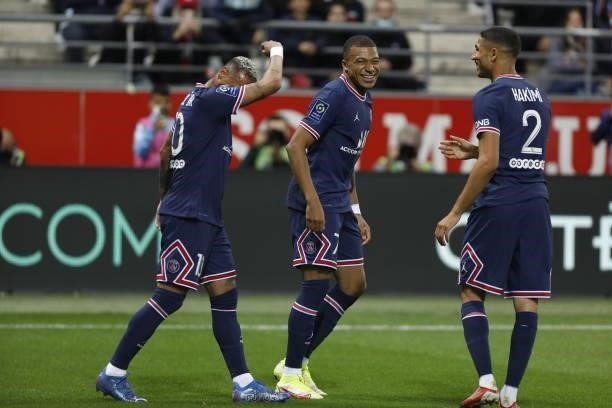 Kylian Mbappe, Kylian Mbappe, Achraf Hakimi during the French championship Ligue 1 football match between Stade de Reims and Paris Saint-Germain on...