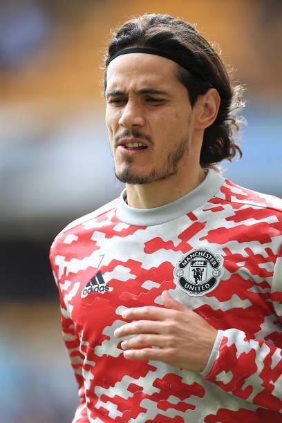 Edinson Cavani of Manchester United warms up before the Premier League match between Wolverhampton Wanderers and Manchester United at Molineux on...