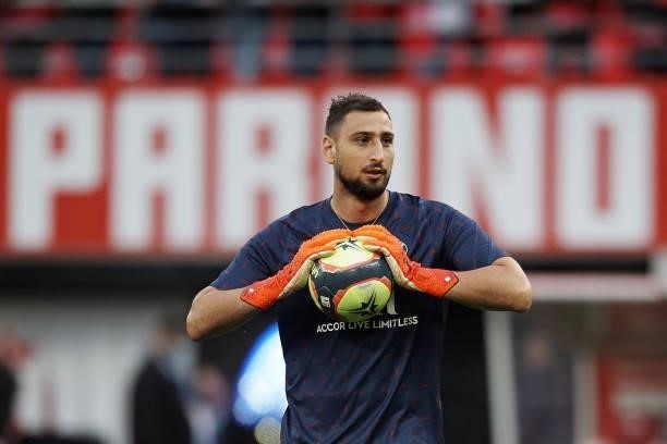 Gianluigi Donnarumma of PSG during the Ligue 1 Uber Eats match between Reims and Paris Saint Germain at Stade Auguste Delaune on August 29, 2021 in...