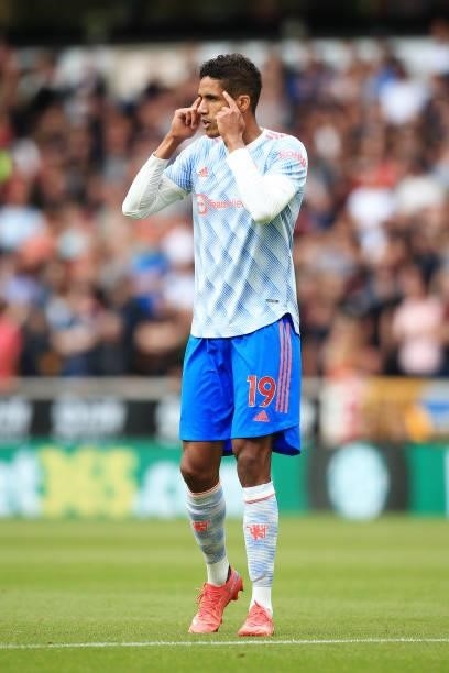 Raphael Varane of Manchester United gestures during the Premier League match between Wolverhampton Wanderers and Manchester United at Molineux on...