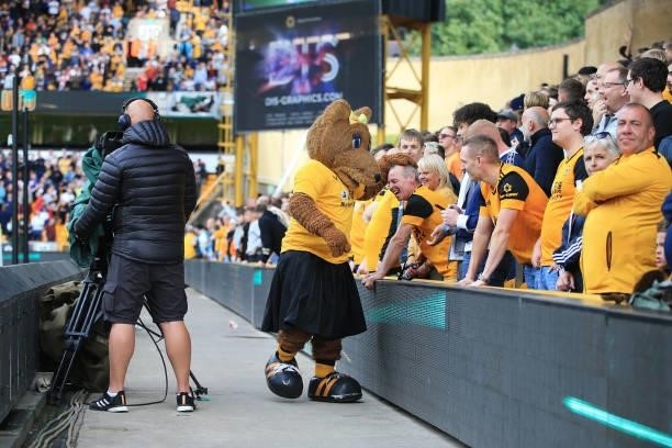 Wolverhampton Wanderers mascot Wendy the Wolf pats a supporter on the head during the Premier League match between Wolverhampton Wanderers and...