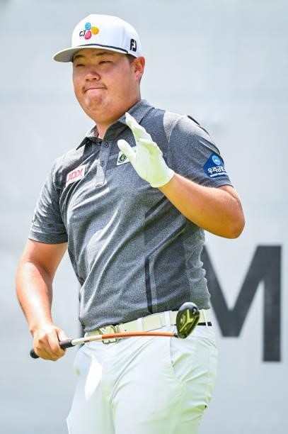 Sungjae Im of South Korea smiles on the first tee during the final round of the BMW Championship, the second event of the FedExCup Playoffs, at Caves...