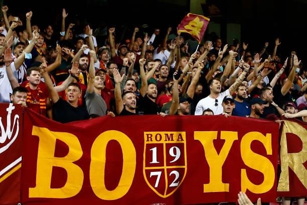 Roma supporters on the stands during the Serie A match between US Salernitana and AS Roma at Stadio Arechi on August 29, 2021 in Salerno, Italy.