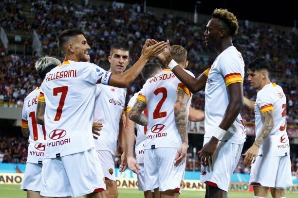 Lorenzo Pellegrini of AS Roma and Tammy Abraham of AS Roma celebrates after scoring their team's first goal during the Serie A match between US...