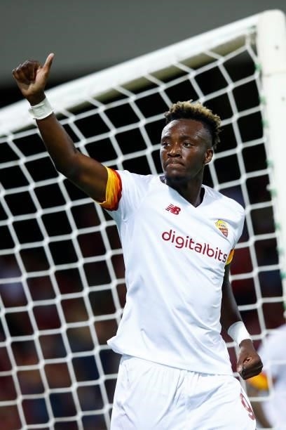 Tammy Abraham of AS Roma celebrates after scoring his team's third goal during the Serie A match between US Salernitana and AS Roma at Stadio Arechi...
